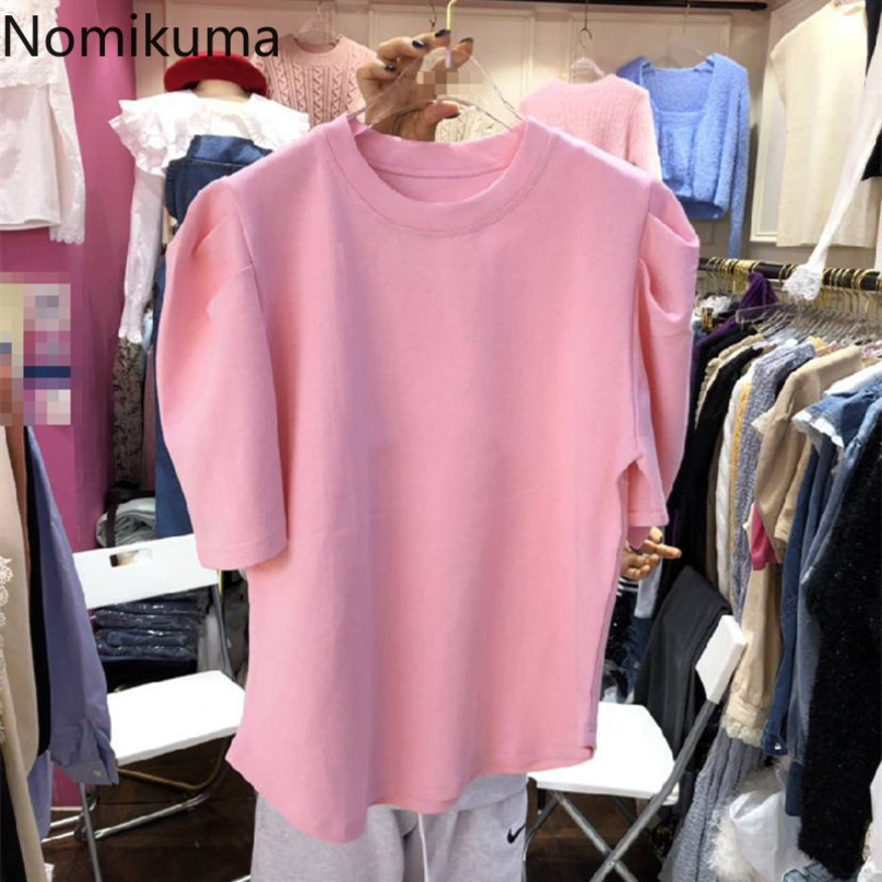 Nomikuma Causal O-neck Puff Short Sleeve T Shirts Korean Solid Graphic Tees Spring Summer New Sweet Tops for Women 6G417 210427
