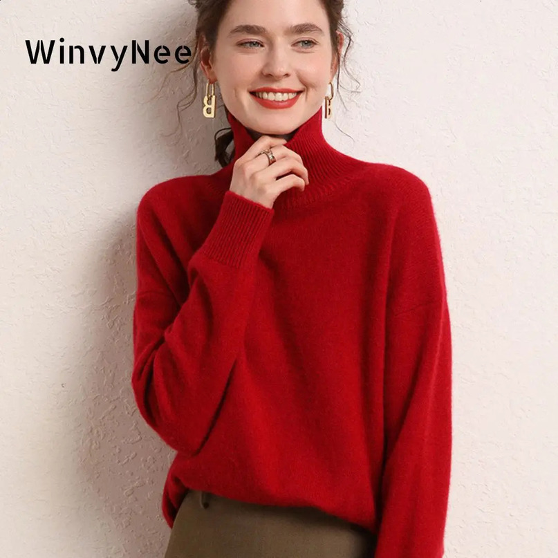 WinvyNee Womens Clothing Wool Red Sweater Turtleneck Loose Casual Jumpers Pullover Soft Oversized Outerwears Winter A1103002B 241216