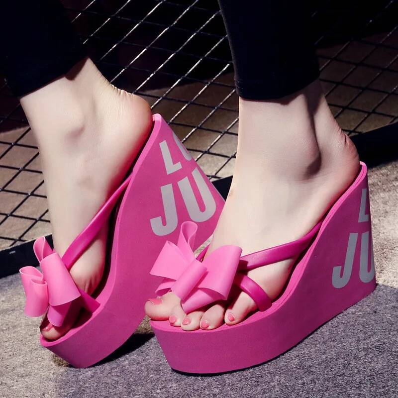 8cm Wedge Flip-Flops For Women New Summer Style With Bowknot Sweet Sandals Beach Vacation Thick-Soled High-Heeled Shoes ddmynov