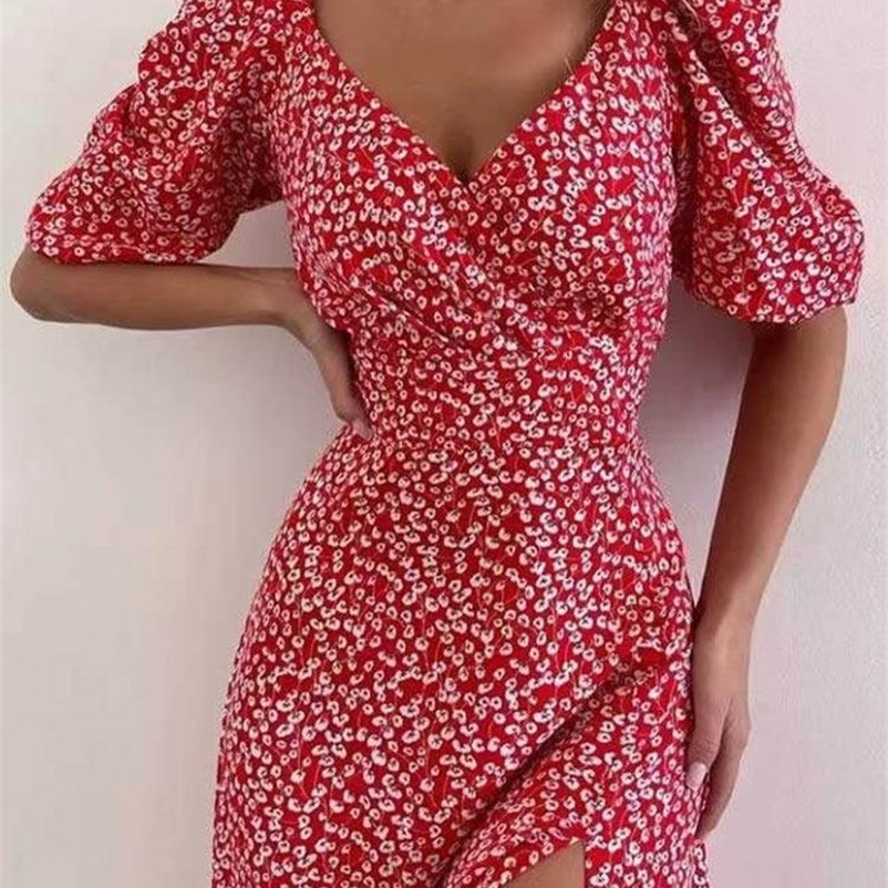 Basic Casual Dresses Summer Sexy Floral Print Women's Midi Dress V-Neck Puff Sleeve Side Split Female Dresses Fashion Office Lady Party Vestido