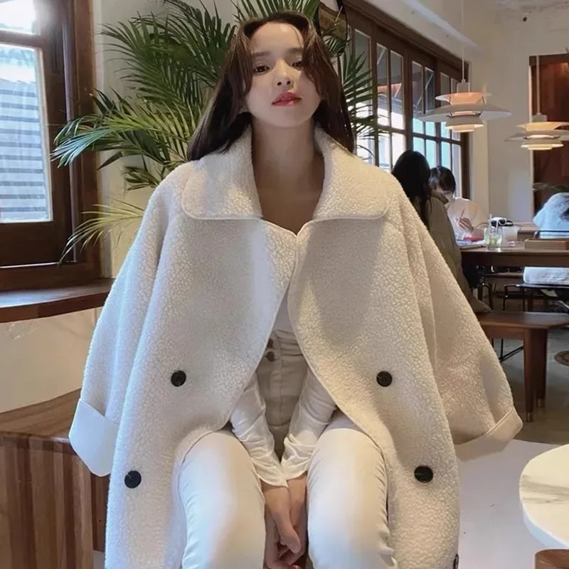 Korean Chic Autumn Winter Lamb Fur Coat Loose Long Sleeve Double Breasted Large Collar Womens Jacket Outerwear 250905