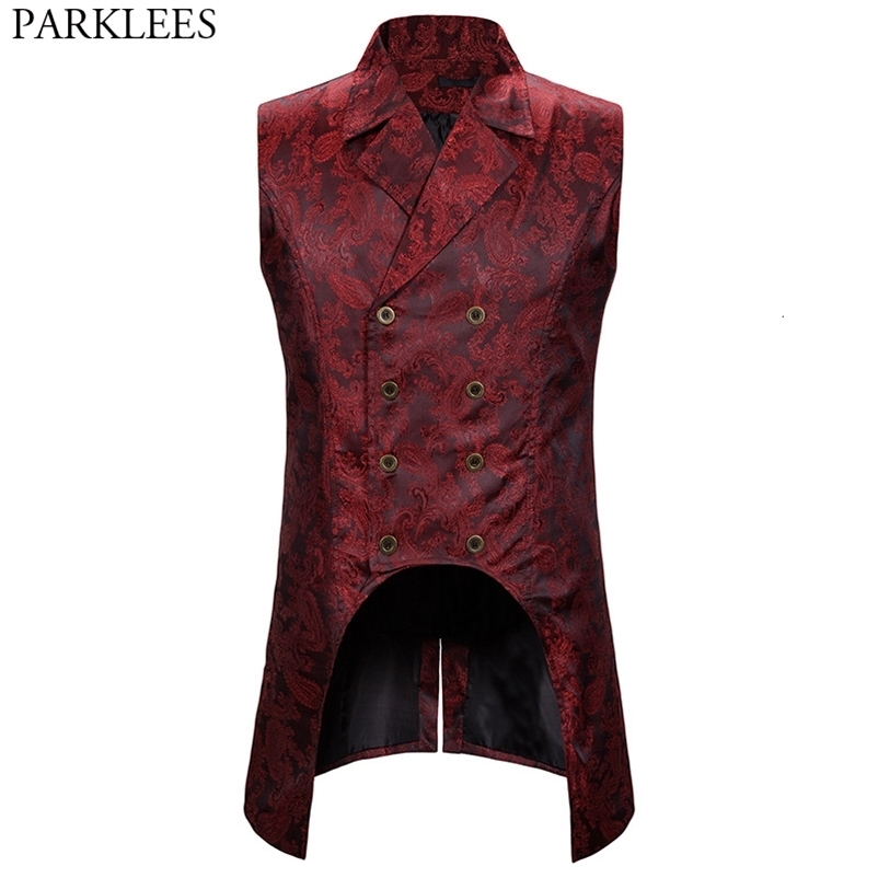 Men's Vests Wine Red Paisley Jacquard Long Vest Men Double Breasted Lapel Brocade Vest Waistcoat Mens Gothic Steampunk Sleeveless Tailcoat 2308