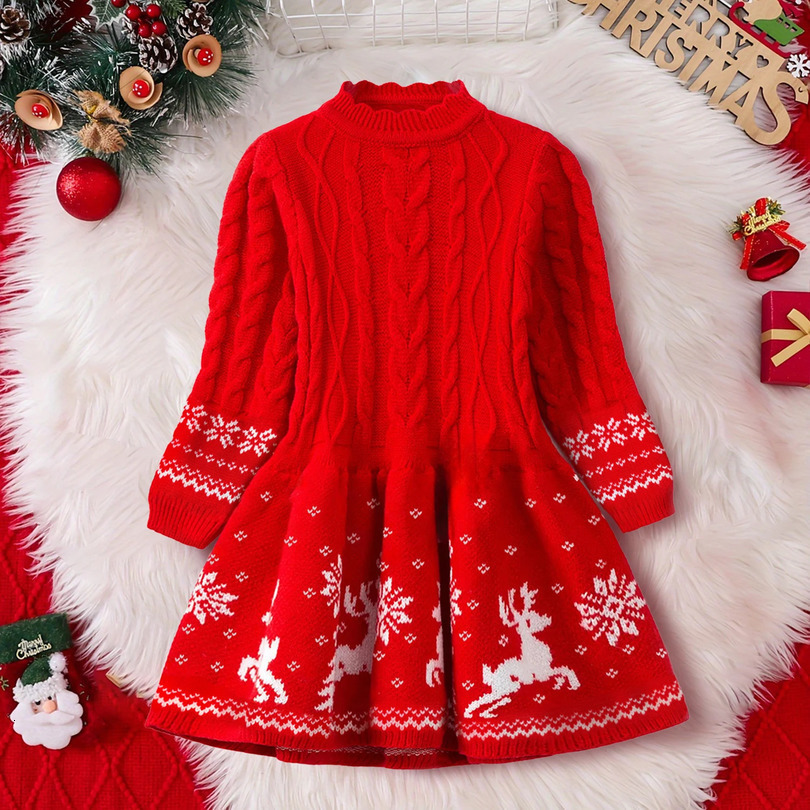 Red Christmas Dress Knitted Sweater Girls Dress Full Sleeve Casual Clothing Autumn Winter Dress Girls Year Dress 3-6Y 241126