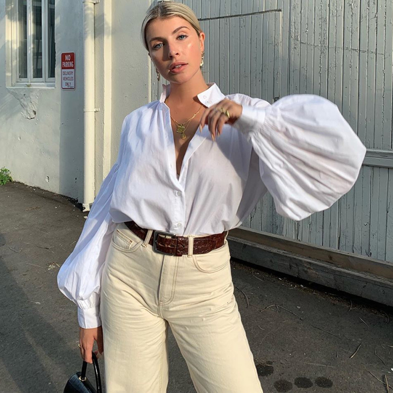 Womens Blouses Shirts Chic Lantern Sleeve V Neck Plain Women Solid Color Blouse Lady OL Tops Autumn Spring Lapel Button Down 230404