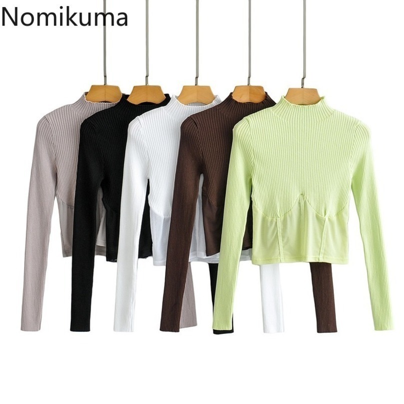 Nomikuma Mesh Pacthwork Crop Top Sweater Korean Long Sleeve O-neck Slim Short Knitwear Spring New Women Knitted Tops 6F191 210427