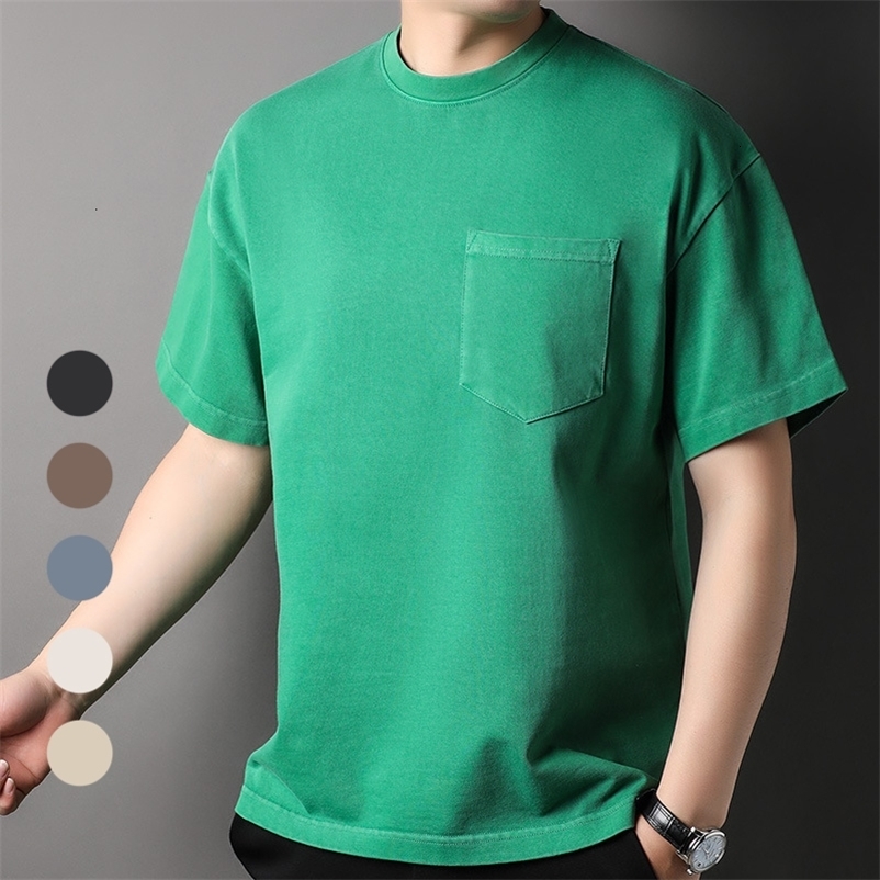 Men's T-Shirts Heavyweight Men's T-Shirt Relaxed Fit Oversized Tees For Men With Front Pocket 100% Cotton Hip Hop Crew Neck Summer Tops Gr