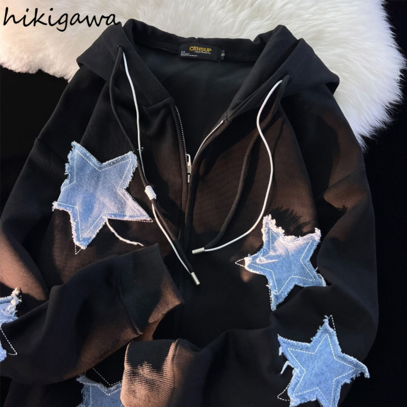 Womens Hoodies Sweatshirts Streetwear Women Stars Print Fashion Oversized Outwear Harajuku Casual Hooded Zipper Sweatshirt Jacket Korean Y2k Tops 23