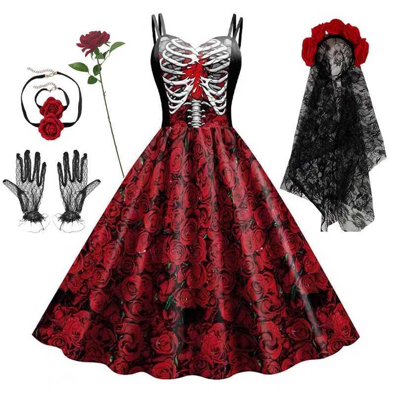 Halloween Cosplay Abito da cranio rosa nera scuro Donne da donna costumi senza maniche abiti da festa vintage cranio abbigliamento per ragazze spave