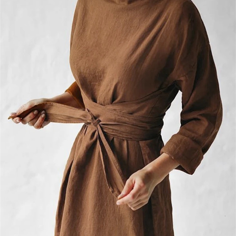 Women Casual Solid Cotton Linen Dress Fashion Lace-Up Long Sleeve Maxi Dresses Spring Female Elegant Simple Dress Mujer Harajuku 240318