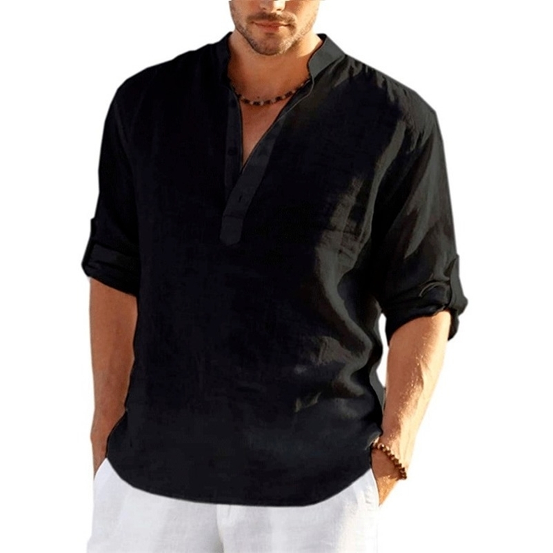 Men's Casual Shirts Linen Long Sleeve Solid Color Cotton Tops Size S-5XL 230130