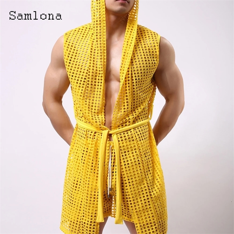 Sexy Men Hollow Out Tank Tops Sleeveless Long Vest European Style Casual Beach Shirt Clothing Open Stitch Hooded T-shirt 240429