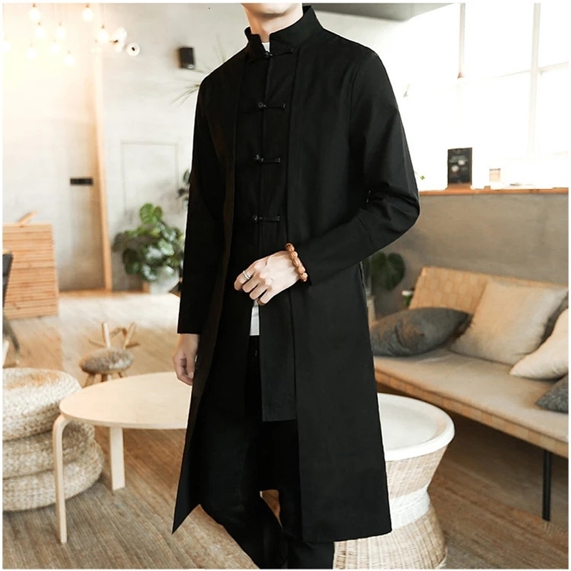 Trench Coat Men two Pieces Cardigan Kimono Male Long Chinese Style Black Loose Vintage Cotton Linen 240827Z