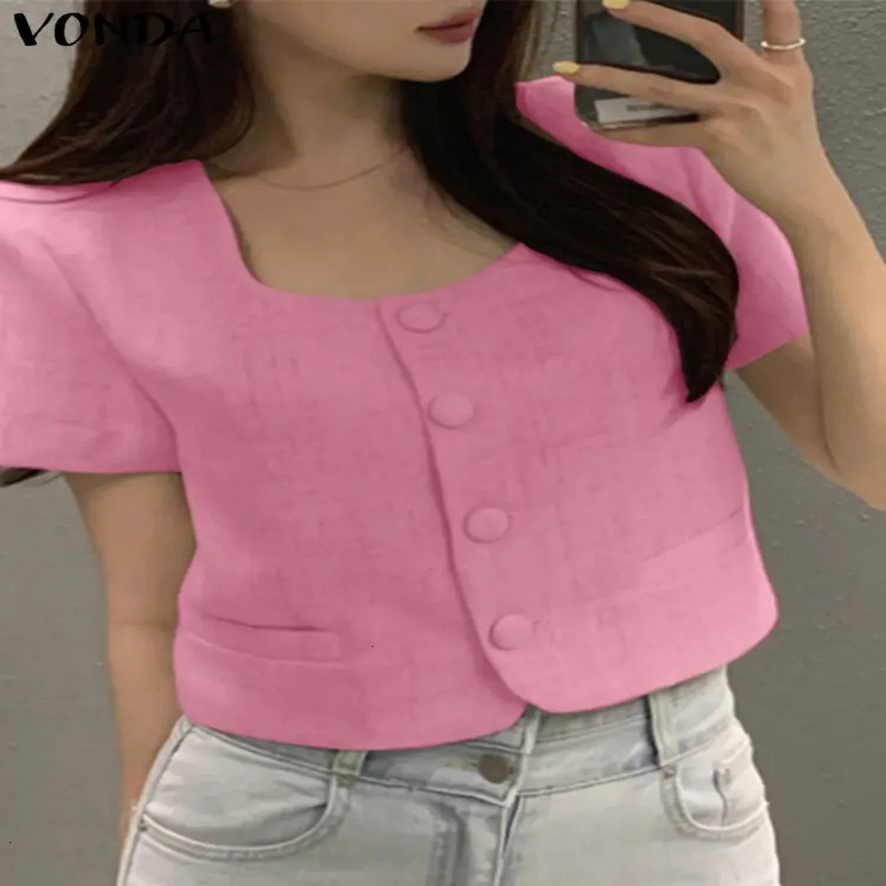 VONDA Women Elegant Shirts Summer Square Collar Casual Solid Color Blouses Loose Short Sleeve Tops Tunic Buttons Blusas 240531