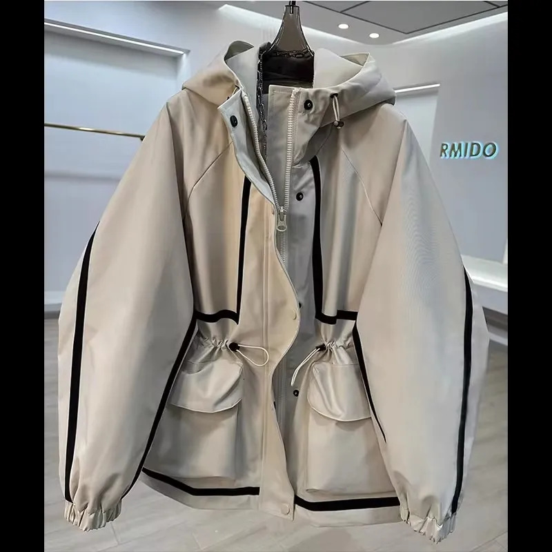 Fashion Hooded Stitching Contrast Jacket Womens 2025 Spring Autumn Waistband Leisure Loose Short Trench Coat Female 250905
