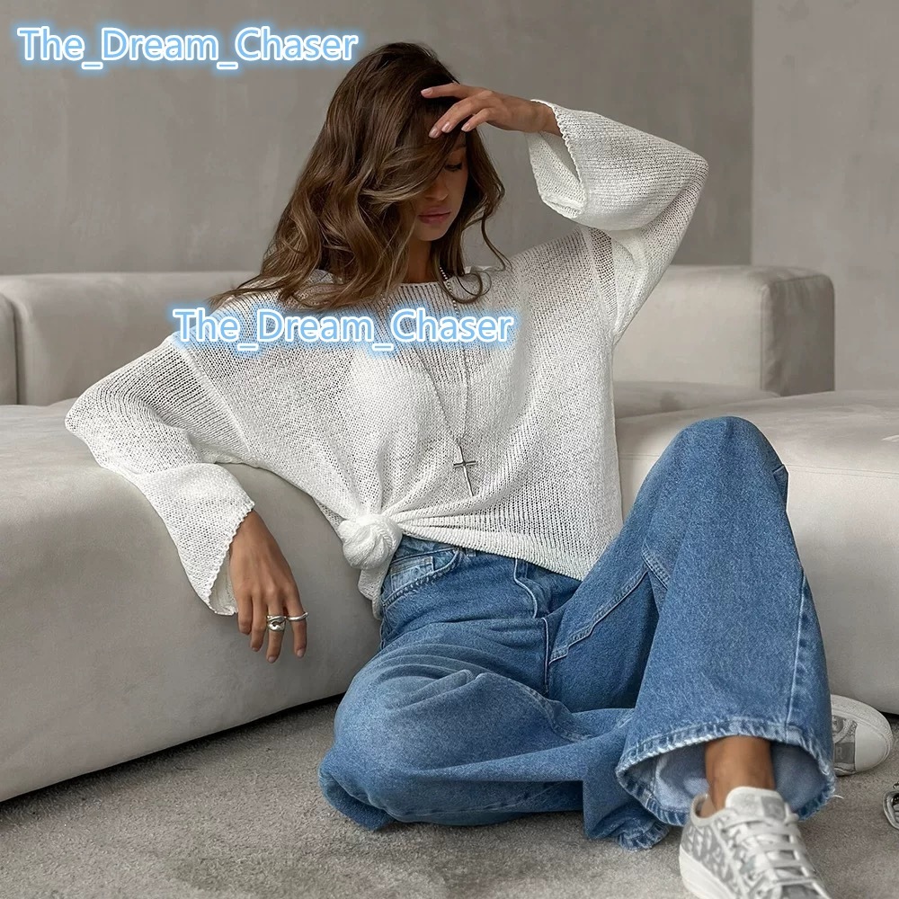 New Womens Versatile LongSleeved Knitted Casual Sweater with Hollow Design Top Large Neck Loose Solid