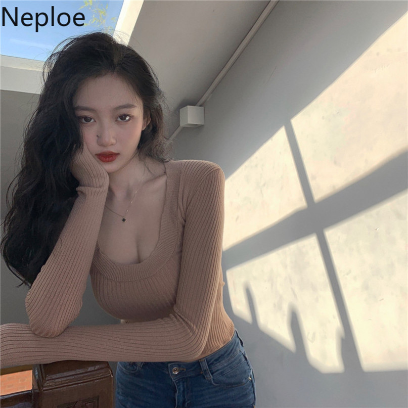 Neploe Woman Sweaters Solid Basic Slim Pullovers Knitted Cropped Tops Sexy Long-sleeved Square Collar Pull Femme Korean Clothes 210422