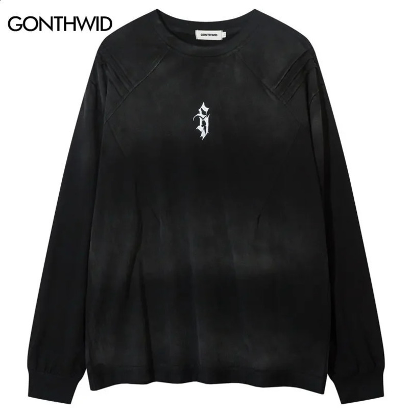 Mens retro shirt Y2K embroidered tie dye oversized Tshirt street clothing hiphop Harajuku wrapped cotton long sleeved top 240822