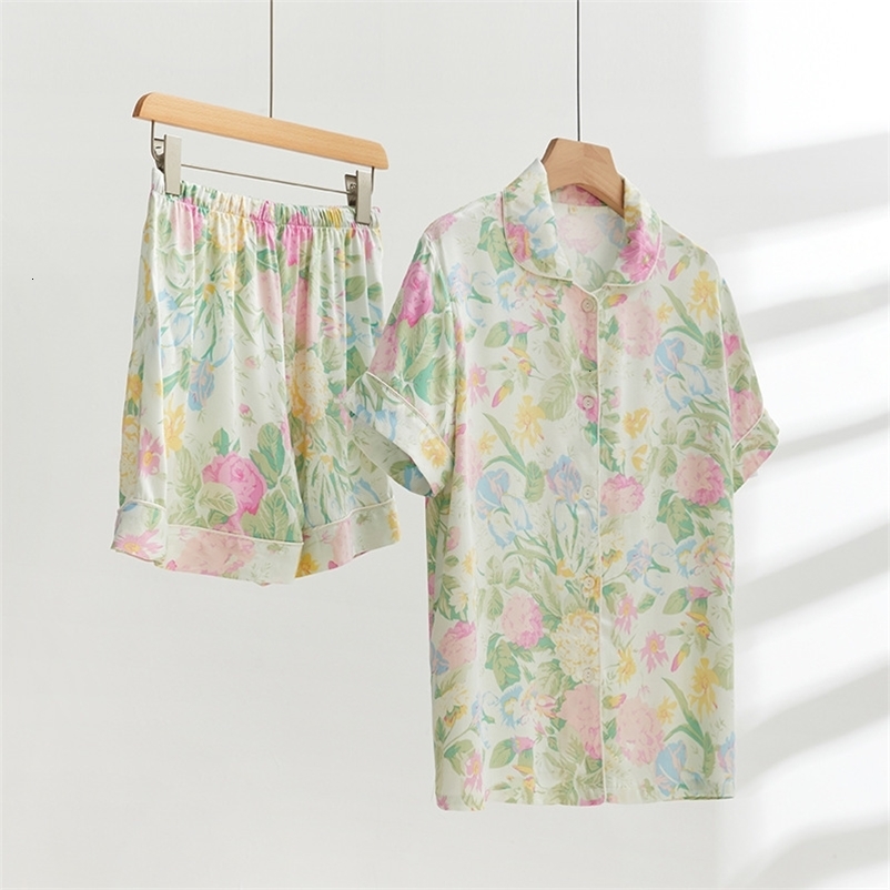 Women's Sleepwear Floral Printed Shorts Pajamas Sets for Women's Spring and Summer Cotton Short Sleeve Vanilla Mint High-Grade Home Wear S
