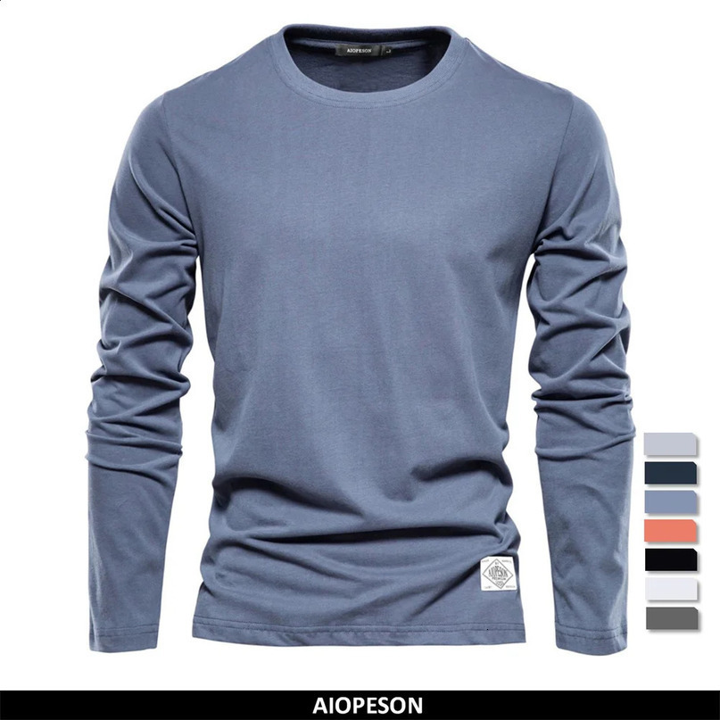 100% pure cotton long sleeved mens solid spring casual Tshirt highquality top classic 240815