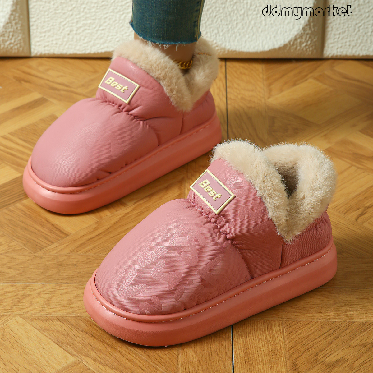 PU Leather Women, Autumn Winter Warm Home EVA Thick Sole, Non-Slip Indoor and Outdoor Waterproof Fleece-Lined Cotton Slippers for Women ddmymarket