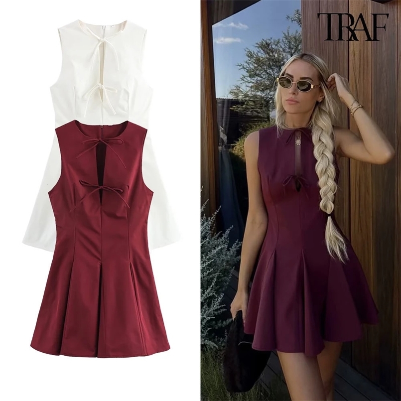 TRAF Womens Wide Swing Bow Trim Mini Dress Sleeveless Round Neck Elegant Party Dresses Streetwear Casual Slim Womens 250408