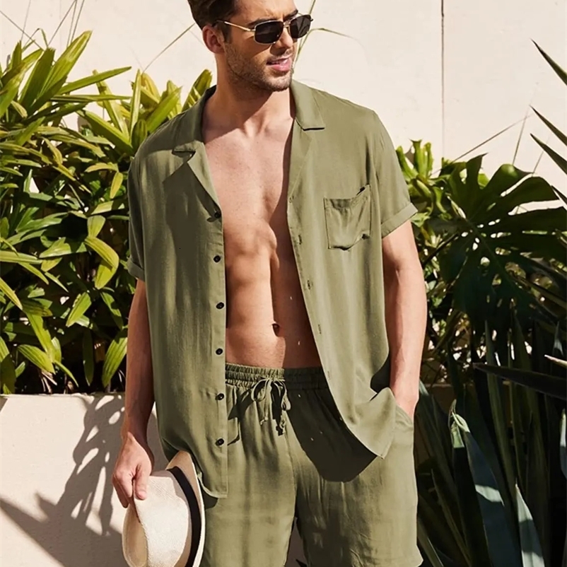 Summer Cotton Linen Shirt Set Mens Casual Outdoor 2-Piece Suit Andhome Clothes Pajamas Comfy Breathable Beach Short Sleeve Sets 240518