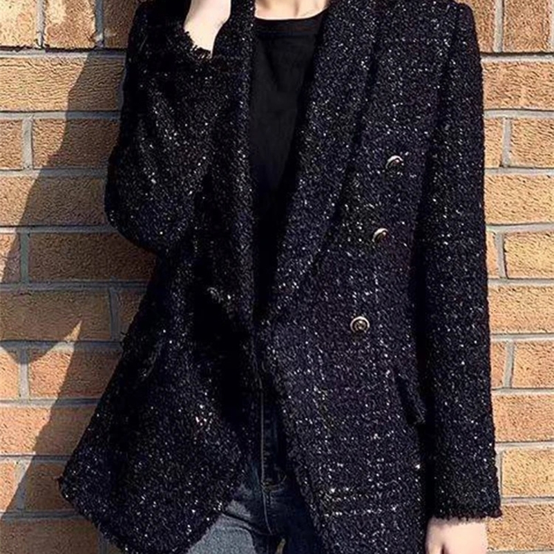 Women's Suits Blazers CJFHJE Women Fashion Tweed Double Breasted Black Blazer Coat Vintage Long Sleeve Flap Pockets Female Outerwear Chic Suit