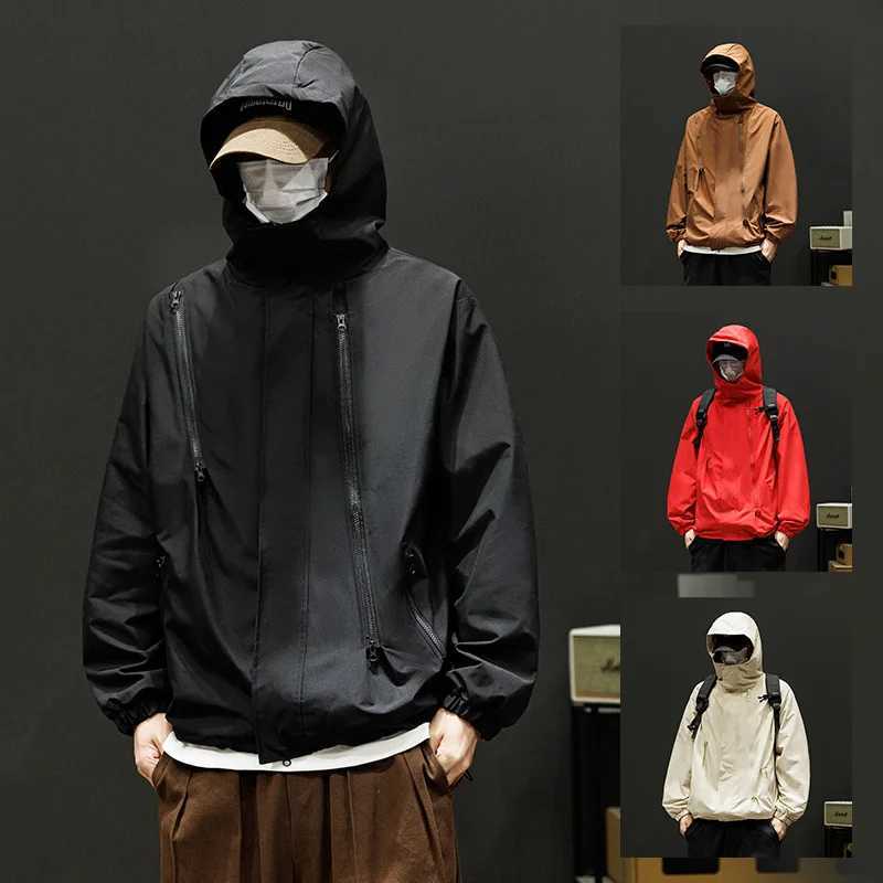 Japanese Windbreakers Mens Jacket Zipper Coat Cargo Waterproof Jackets Bomber Camping Loose Thin Softshell Hooded Hiking Jacket X250925