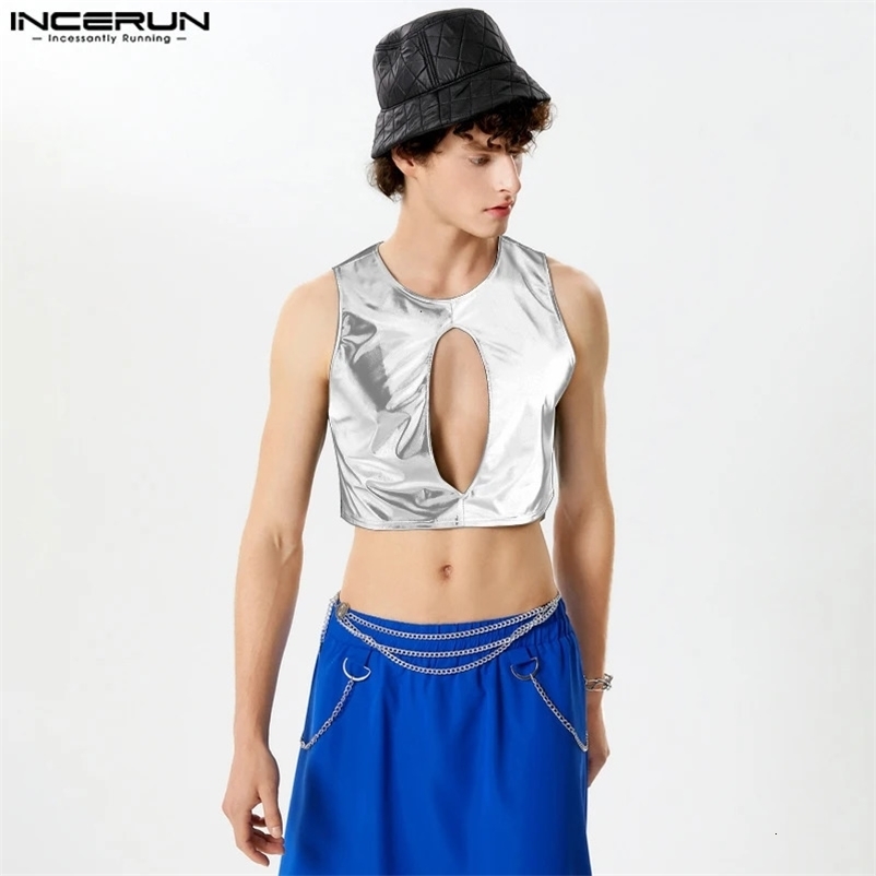 Men Tank Tops Solid Color Shiny O-neck Sleeveless Hollow Out Male Vests Summer Streetwear Fashion Crop Tops S-3XL INCERUN 240530