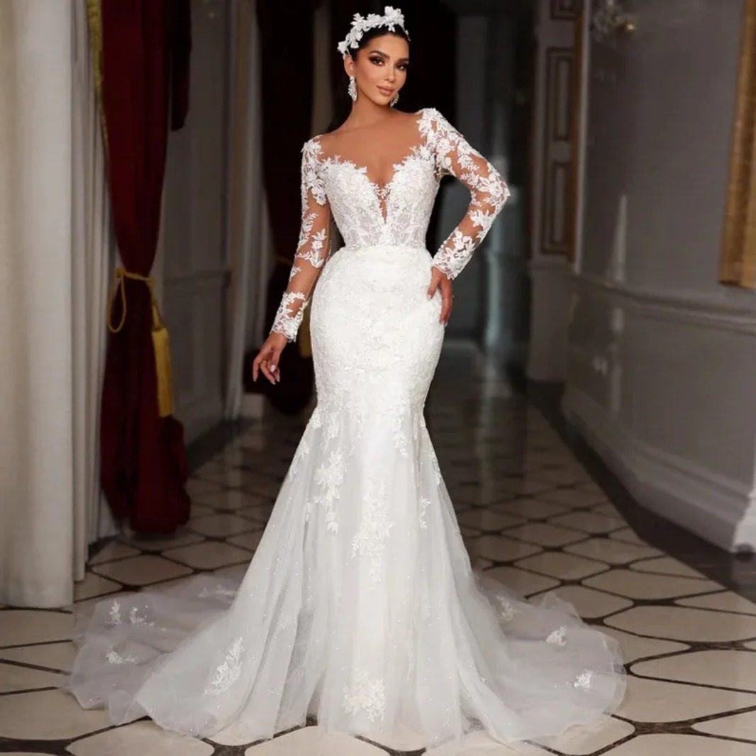 Plus size Wedding Dresses Luxury Long Sleeve Bridal Gown Full Lace Vestidos De Noiva Custom Made 0925