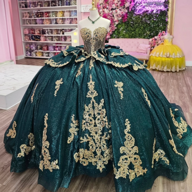 Black Green Shiny Quinceanera Dresses Off The Shoulder Gold Applique Lace Beading Crystal Bow Tull Party Birthday Sweet 16 Dress Vestidos 15 De Anos