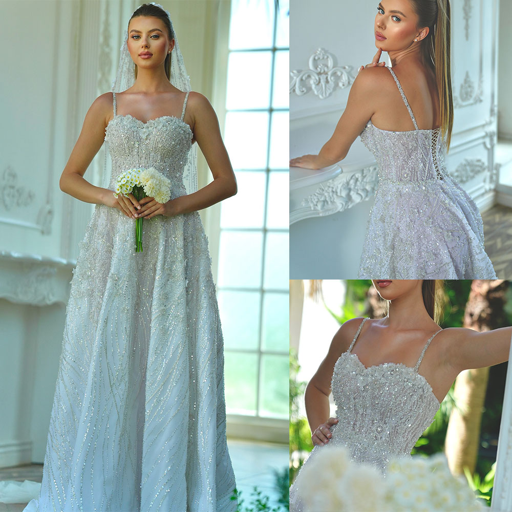Classic Wedding Dress Sweetheart Neck Spaghetti Straps Sleeveless Bridal Gown Sequins Lace Backless Sweep Train Dresses For Women Custom Made vestid