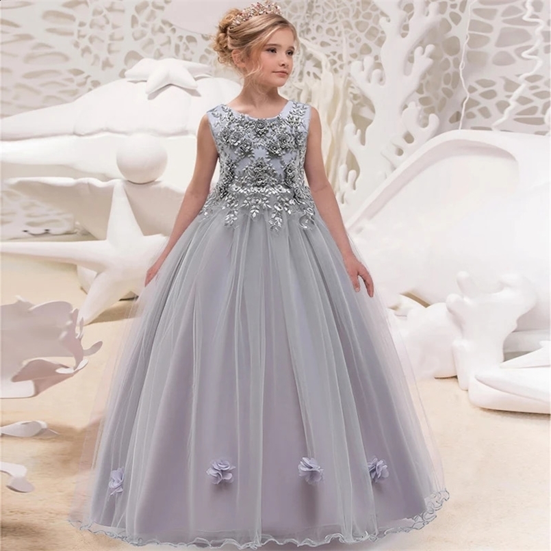Formal Gray Long Bridesmaid Dress Kids Dresses For Girls Children Elegant Party Wedding Dress Girl Evening Gowns10 12 Years 240913
