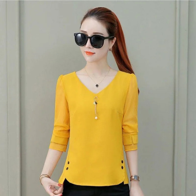 Women Spring Autumn Style Chiffon Blouses Shirts Lady Casual Long Sleeve VNeck Blusas Tops DF1963 240531