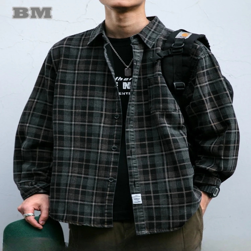 Japanese Vintage Plaid Shirt Mens Clothing High Quality Casual Shirts For Men Harajuku Fashion Long Sleeve Korean Fashion Coat 250314