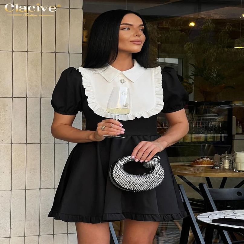 Clacive Summer Slim Black Patchwork Womens Dress Fashion Lapel Short Sleeve Mini Dresses Elegant Classic Ruffle Female 240513