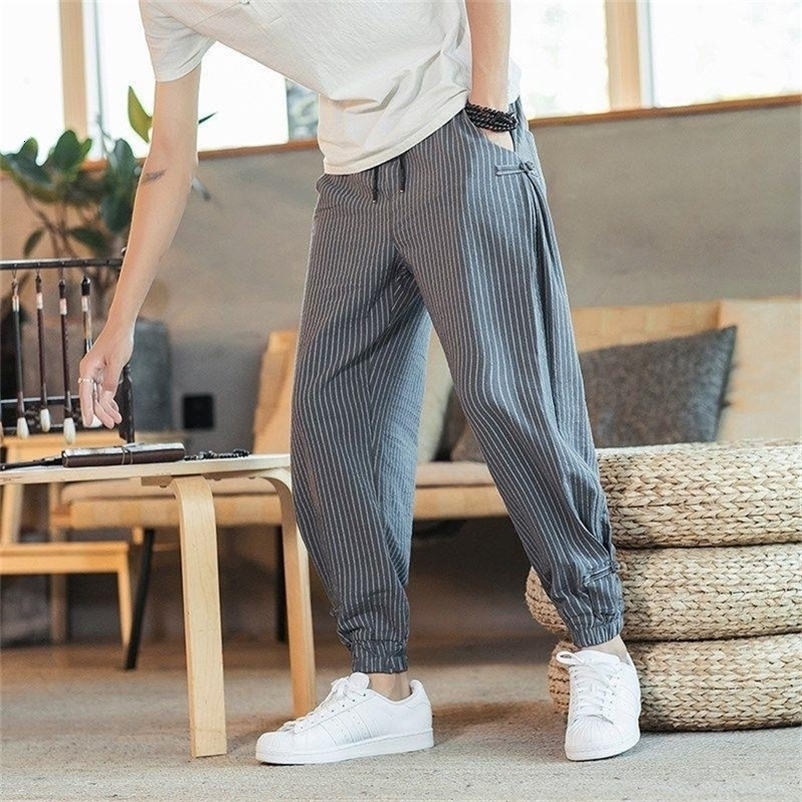 Men's Pants Summer Men Thin Striped Harem Pants Breathable Cotton Linen Pencil Pants Buckle Casual Large Size Bloomers Fashion Trousers 220907