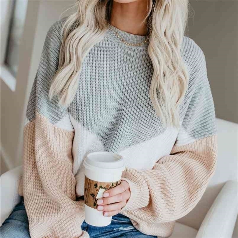 Plus Size Loose Knitted Sweater Women Jumpers Long Sleeve Woman Pullovers Sweaters Casual Winter Color Block Striped Sweater 210917