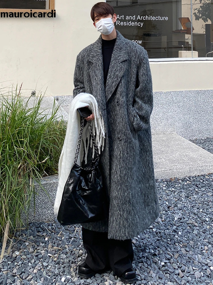 Mauroicardi Autumn Winter Long Gray Oversized Thickened Warm Soft Wool Blends Coat Men Double Breasted Korean Fashion 250923