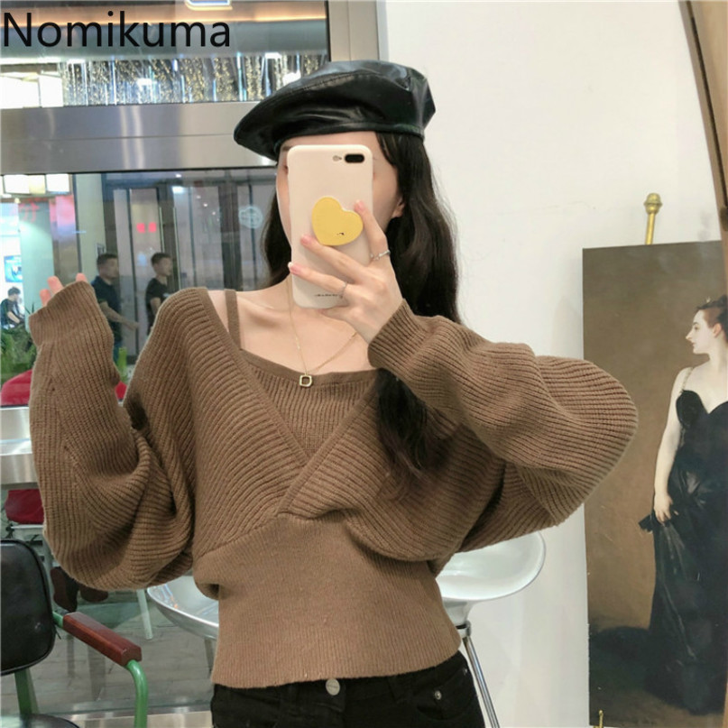 Nomikuma New Short Slim Women Pullover Knitwear Long Sleeve V-neck Sexy Strapless Knitted Tops Korean Pull Femme 6C488 210427