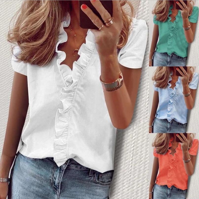 Womens Blouses Shirts Women Plain Ruffle Blouse Summer Solid Color Short Sleeve Shirt Basic Style Elegant Office Lady VNeck Tops Pullover Blusa 2304