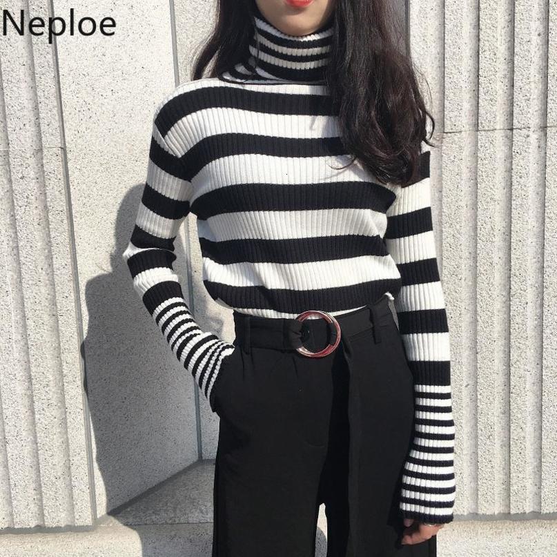 Neploe Woman Sweaters Korean ClothesTurtleneck Pullovers Knitwear Fashion Striped Casual Long-sleeved Slim Tops Pull Femme 210422