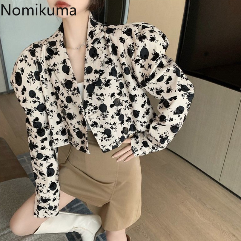 Nomikuma Vintage Floral Short Blazers Causal Long Sleeve Double Breasted Women Suit Jacket Spring Korean New Blazers 6E820 210427