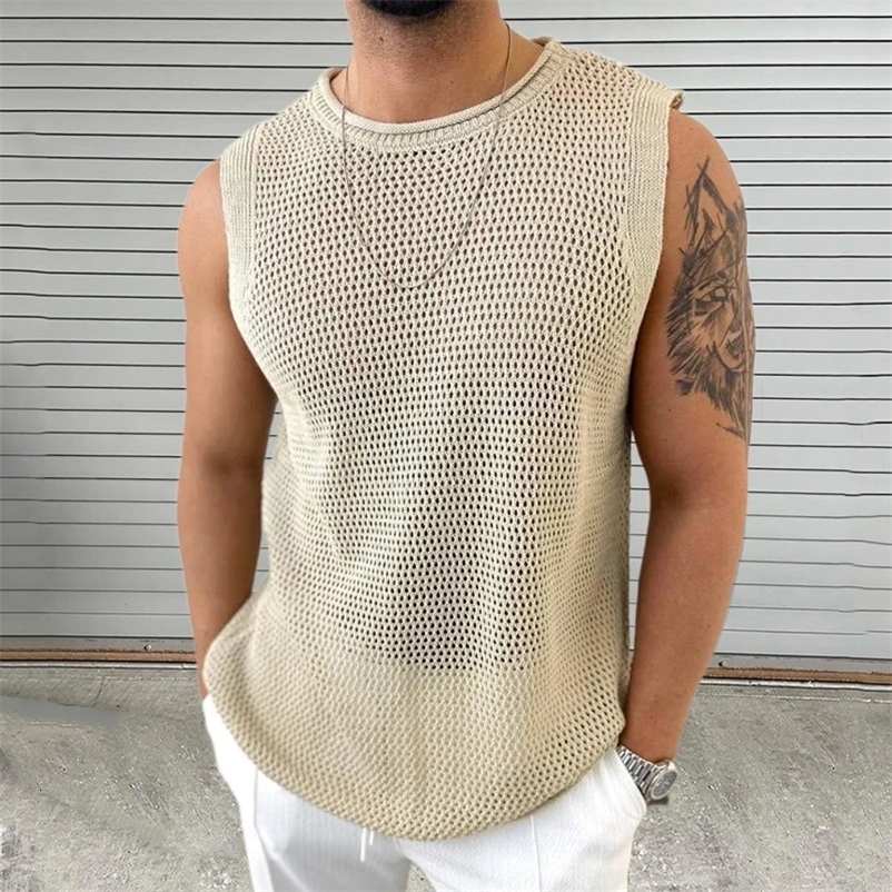 Leisure Solid Color Hollow Out Mens Knit Camisoles Summer Casual O Neck Sleeveless T Shirt Men Fashion Slim Knitting Tank Tops 240530