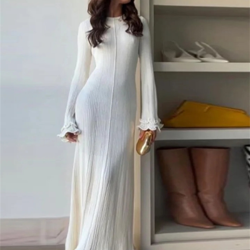 Elegant White Flare Sleeve Round Neck Dress Fashion Lace Up Knitted Bodycon Long Dresses Summer Female High Street Beach Robes 240530