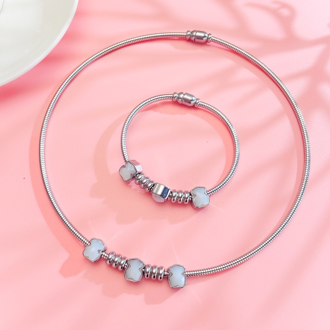 New Fashion Women Silver Gold Stainless Steel Bear Round Circle White Black Pink Red Glass Magnet Pendant Bracelet Sets Jewelry-image-1076886833