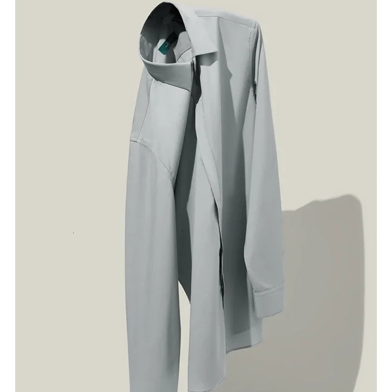 Non-iron anti-wrinkle drape mens shirt long sleeve business casual formal fitting gray ice silk shirt 240530