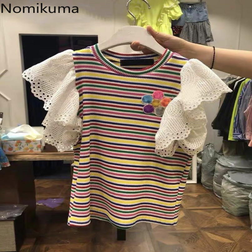 Nomikuma Spring Summer Stripe T Shirts Lace Hollow-out Short Butterfly Sleeve Graphic Tees Women Korean O-neck Tshirt 6E237 210427