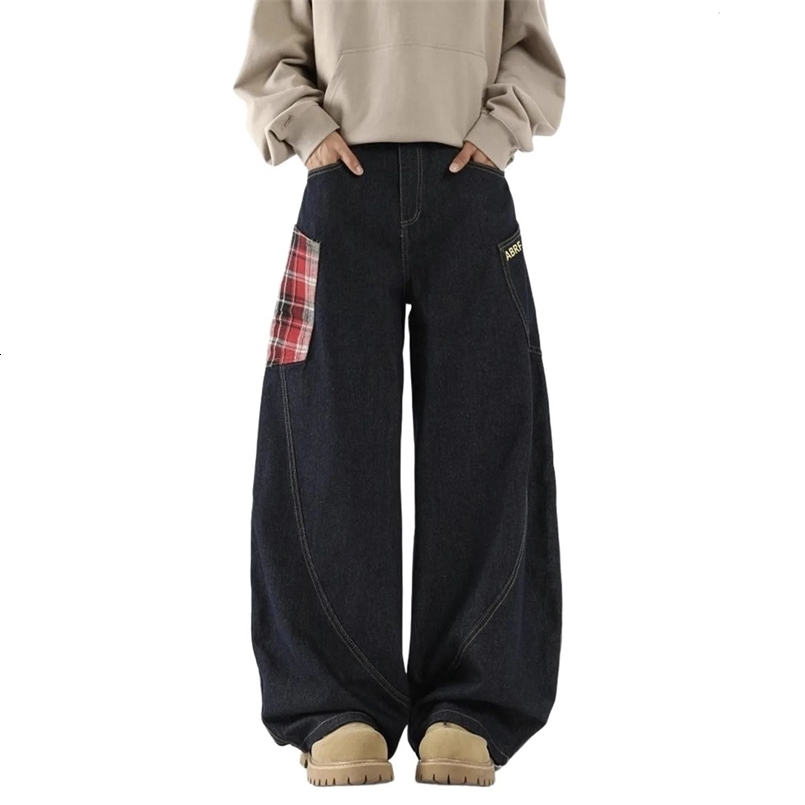 Omirad Jeans American Patchwork Denim Pants Women Fashion Plaid Vintage High Waist Jeans Casual Hip Hop Wide Leg Trousers Men 250425