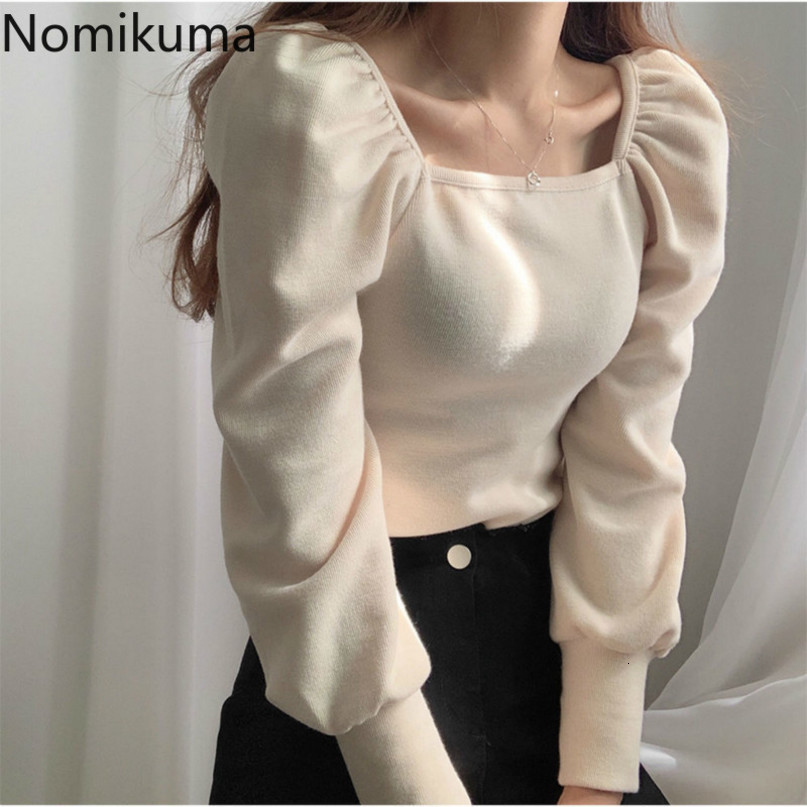 Nomikuma Korean Chic Autumn Puff Long Sleeve Knitwear New Square Collar Solid Slim Knitted Tops Women Basic Pullover 6C180 210427